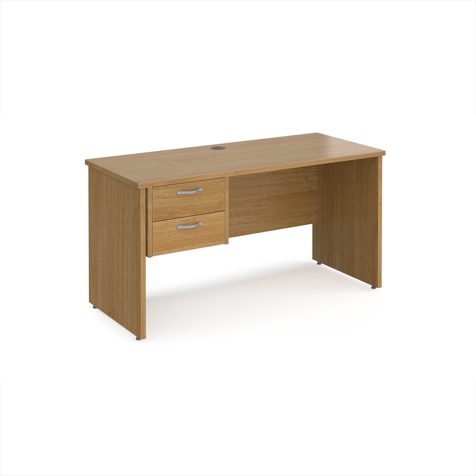 Wood-effect office desk with two drawers on a white background