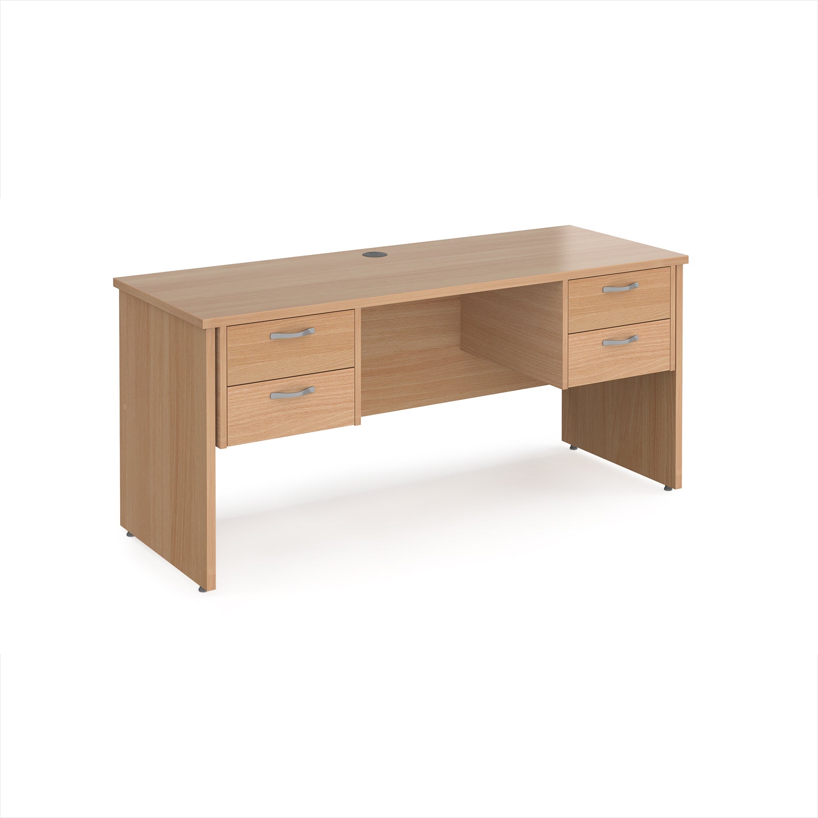 Wood-effect office desk with multiple drawers on a white background