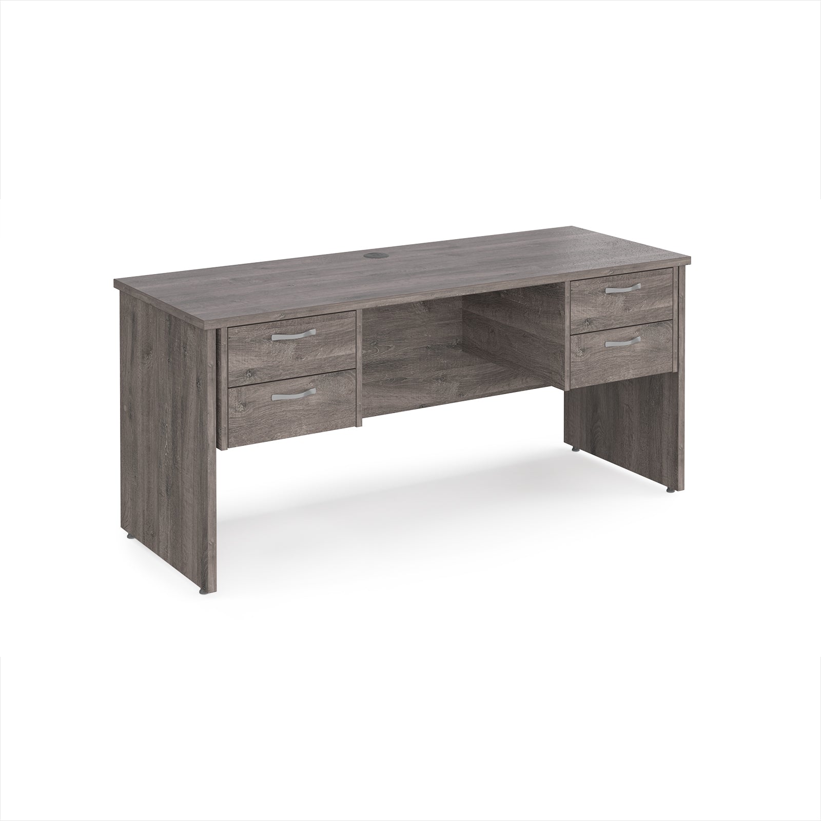 Grey wood-effect office desk with multiple drawers on a white background
