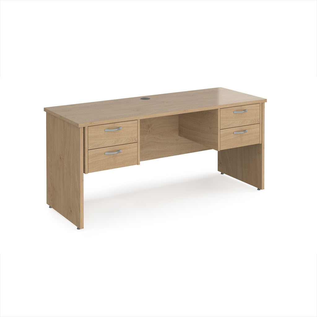 Wood-effect office desk with multiple drawers on a white background