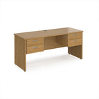 Wood-effect office desk with multiple drawers on a white background