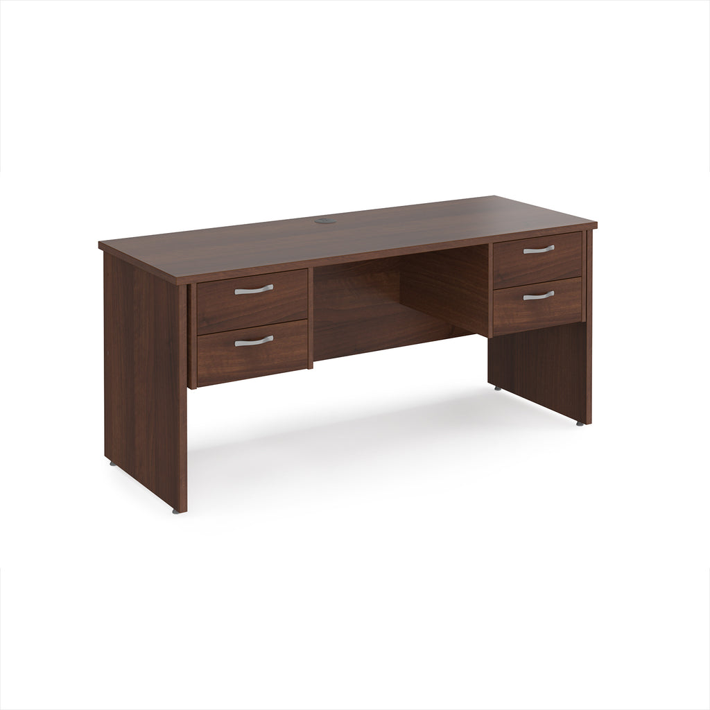 Wood-effect office desk with multiple drawers on a white background