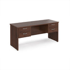 Wood-effect office desk with multiple drawers on a white background
