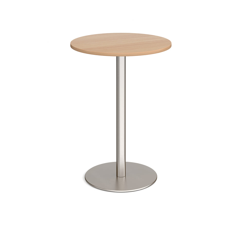 Round high table with a wood-effect tabletop and a white pedestal base, shown on a white background.
