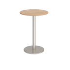 Round high table with a wood-effect tabletop and a white pedestal base, shown on a white background.