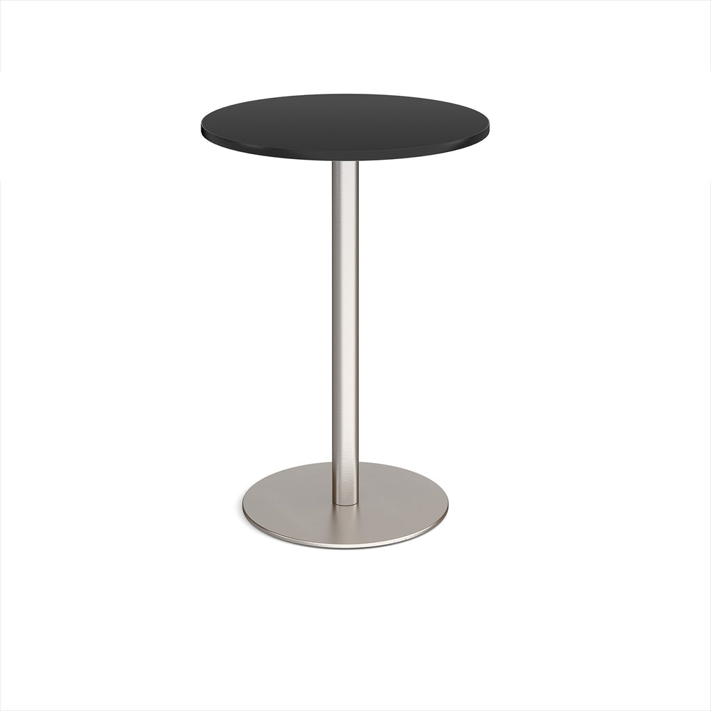 Round high table with a wood-effect tabletop and a white pedestal base, shown on a white background.