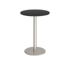 Round high table with a wood-effect tabletop and a white pedestal base, shown on a white background.