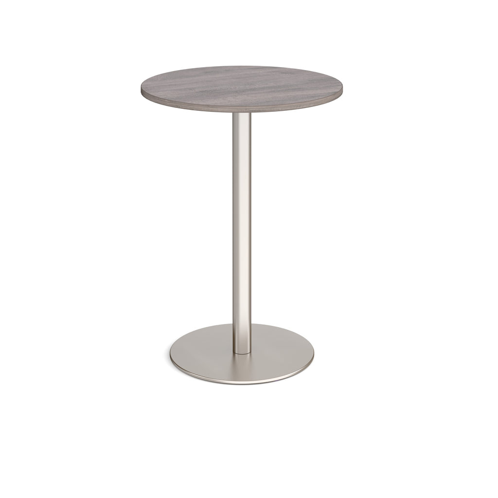 Round high table with a wood-effect tabletop and a white pedestal base, shown on a white background.