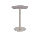 Round high table with a wood-effect tabletop and a white pedestal base, shown on a white background.