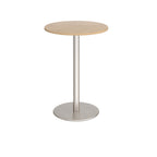 Round table with wooden top and metal base on a white background