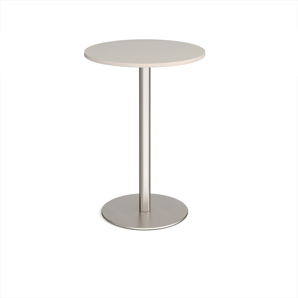 Round high table with a wood-effect tabletop and a white pedestal base, shown on a white background.