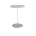 Round high table with a wood-effect tabletop and a white pedestal base, shown on a white background.