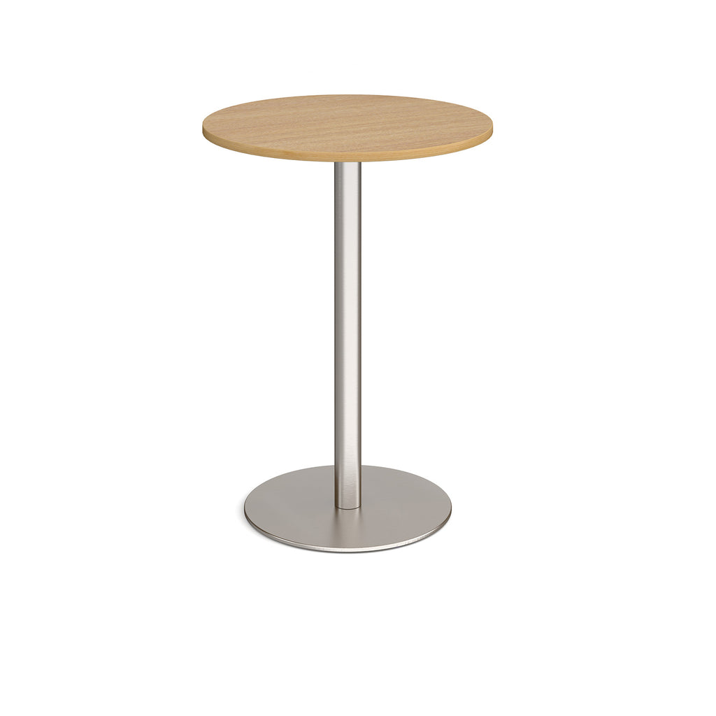 Round high table with a wood-effect tabletop and a white pedestal base, shown on a white background.