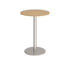 Round high table with a wood-effect tabletop and a white pedestal base, shown on a white background.
