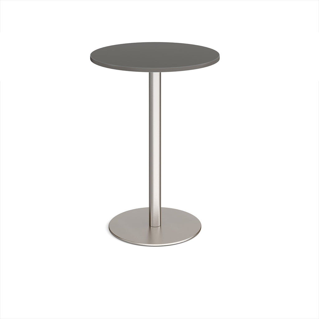 Round high table with a wood-effect tabletop and a white pedestal base, shown on a white background.