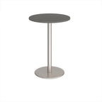 Round high table with a wood-effect tabletop and a white pedestal base, shown on a white background.