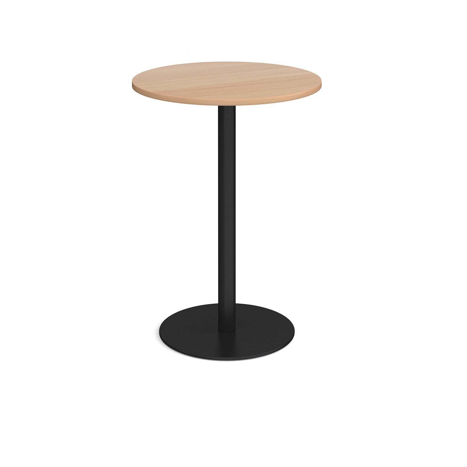 Round high table with a wood-effect tabletop and a white pedestal base, shown on a white background.