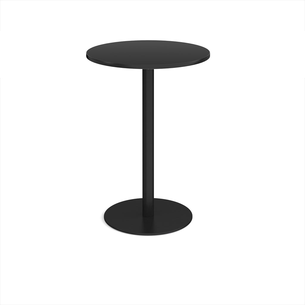 Round high table with a wood-effect tabletop and a white pedestal base, shown on a white background.