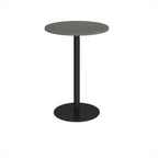 Round high table with a wood-effect tabletop and a white pedestal base, shown on a white background.