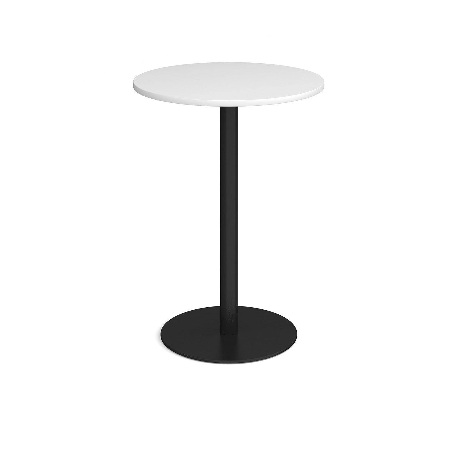 Round high table with a wood-effect tabletop and a white pedestal base, shown on a white background.
