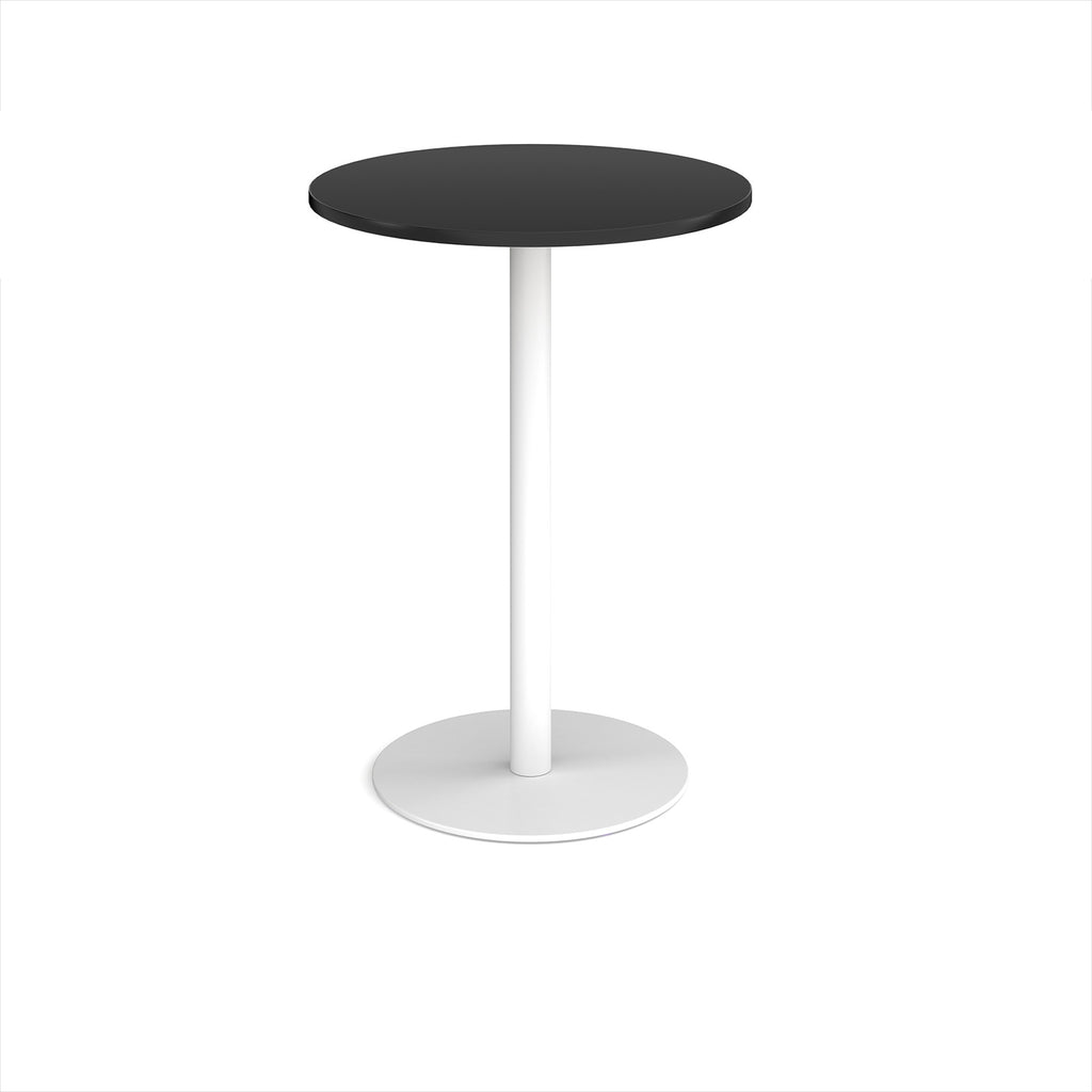 Round high table with a wood-effect tabletop and a white pedestal base, shown on a white background.