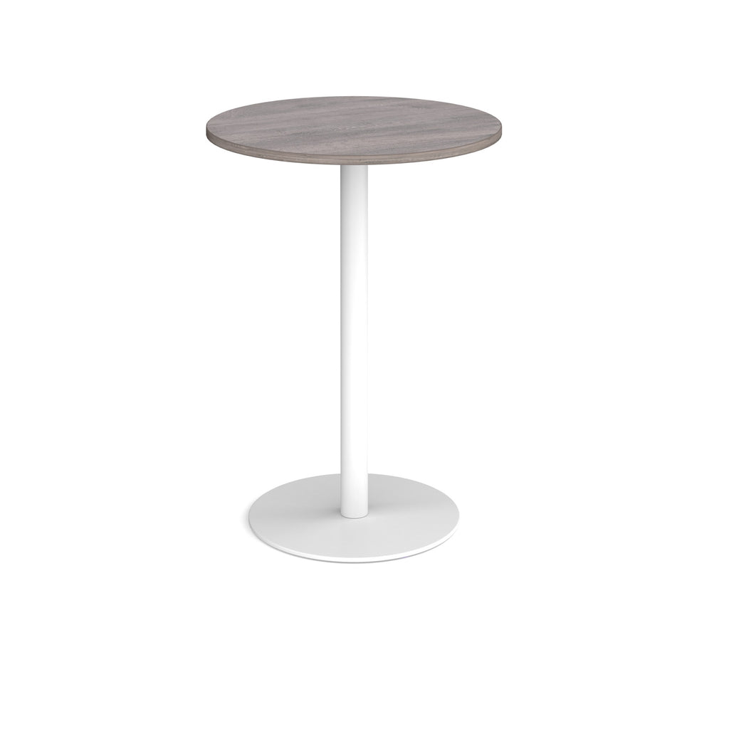 Round high table with a wood-effect tabletop and a white pedestal base, shown on a white background.