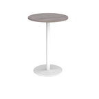Round high table with a wood-effect tabletop and a white pedestal base, shown on a white background.