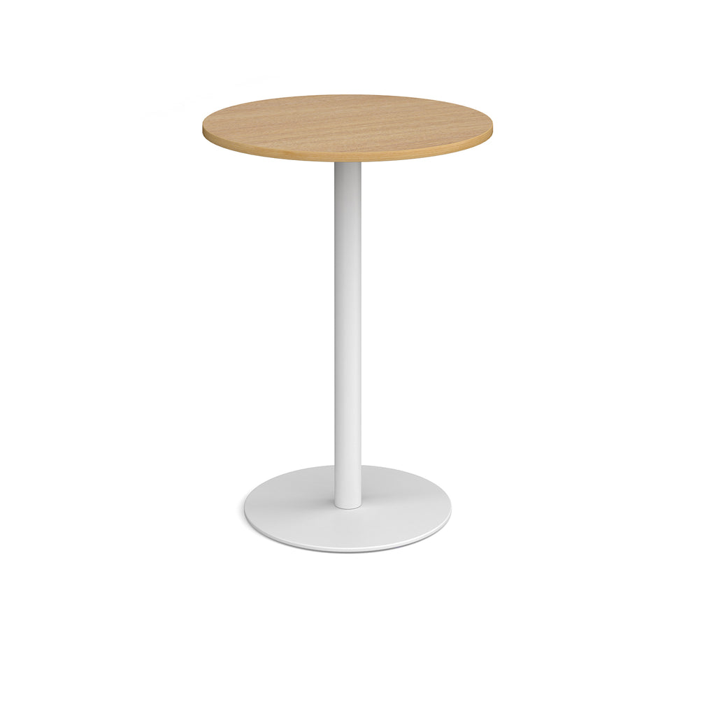 Round high table with a wood-effect tabletop and a white pedestal base, shown on a white background.