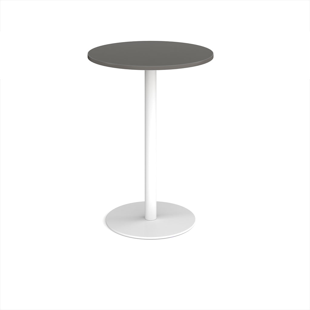 Round high table with a wood-effect tabletop and a white pedestal base, shown on a white background.