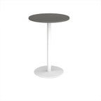 Round high table with a wood-effect tabletop and a white pedestal base, shown on a white background.