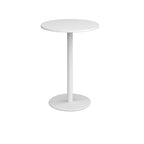 Round high table with a wood-effect tabletop and a white pedestal base, shown on a white background.