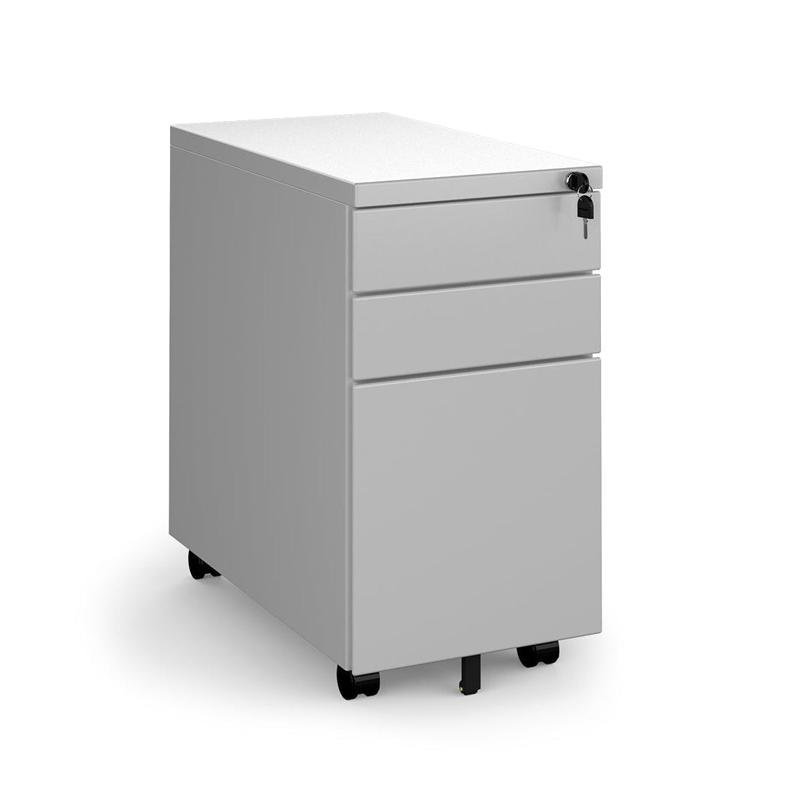 Grey metal file cabinet with three drawers on a white background