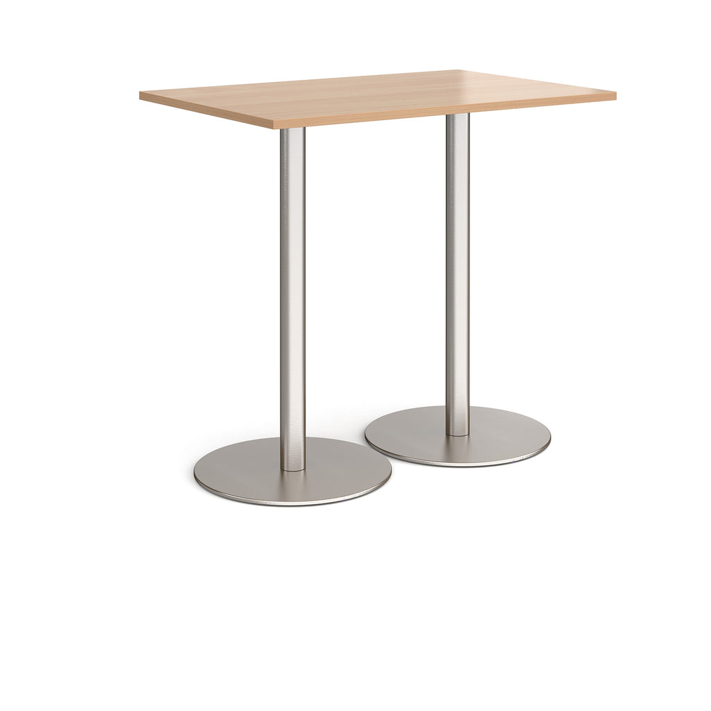 Rectangular table with wood-effect top and metal base on a white background