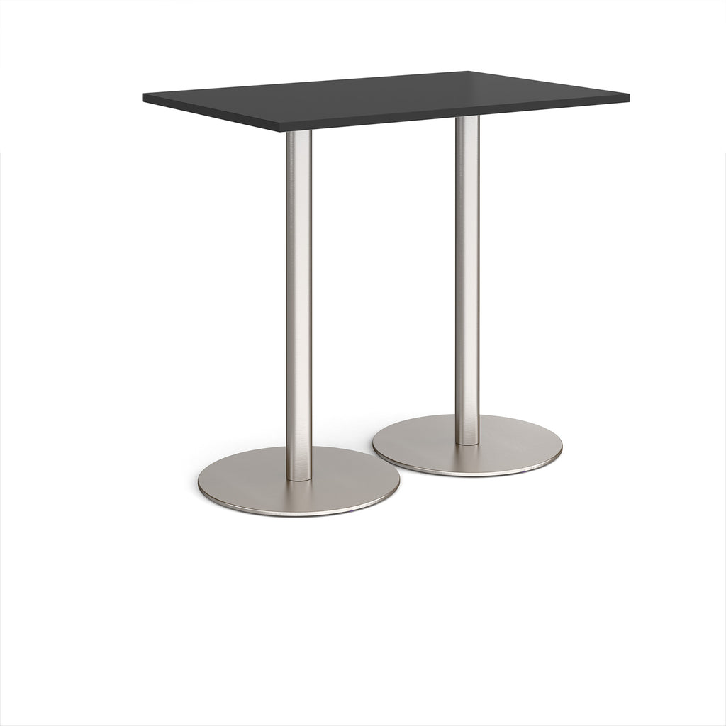 Rectangular table with a black top and metal base on a white background