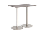 Rectangular table with a grey wood-effect top and metal base on a white background