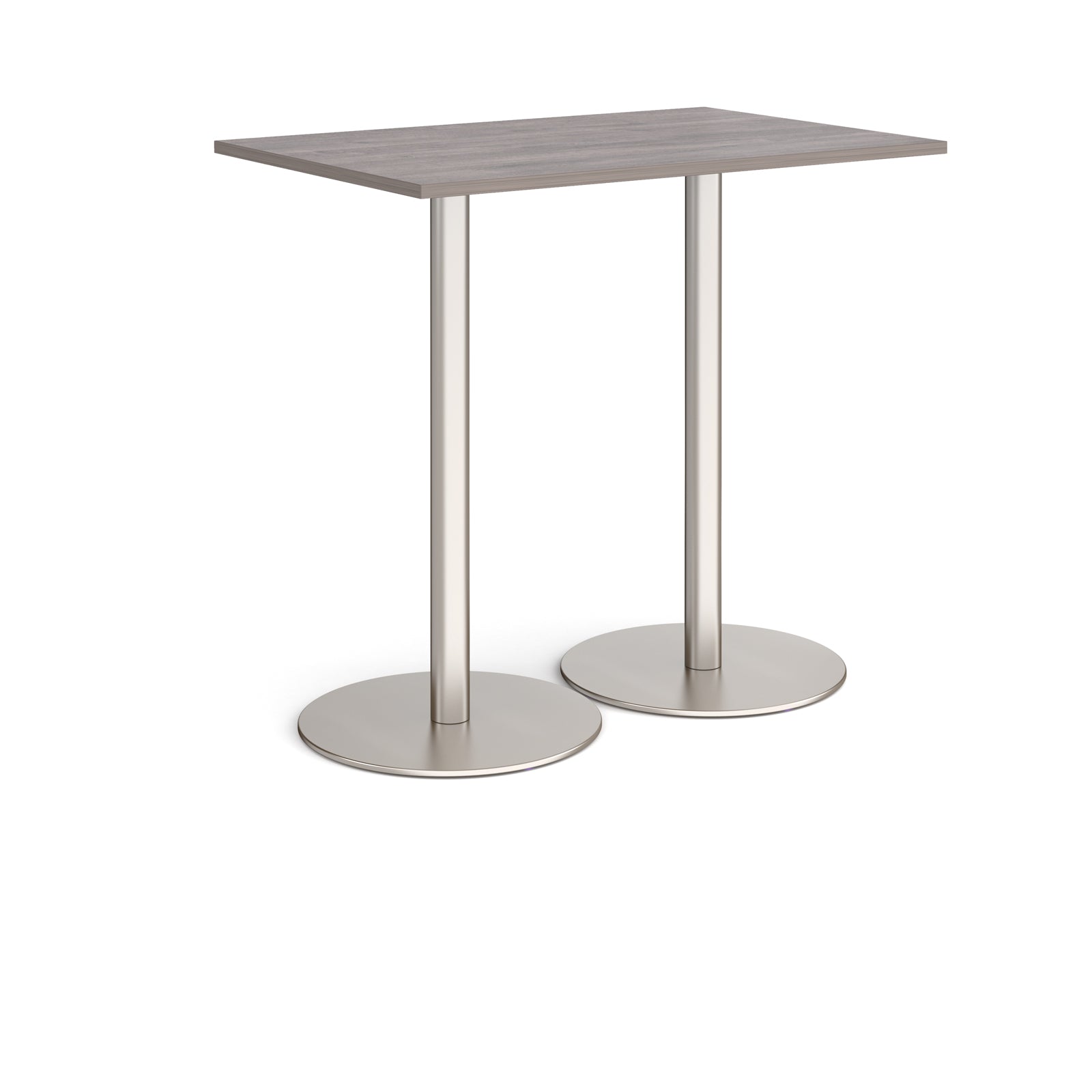 Rectangular table with a grey wood-effect top and metal base on a white background