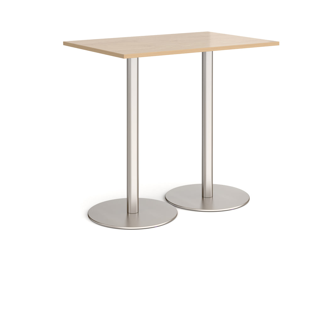 Rectangular table with wood-effect top and metal base on a white background