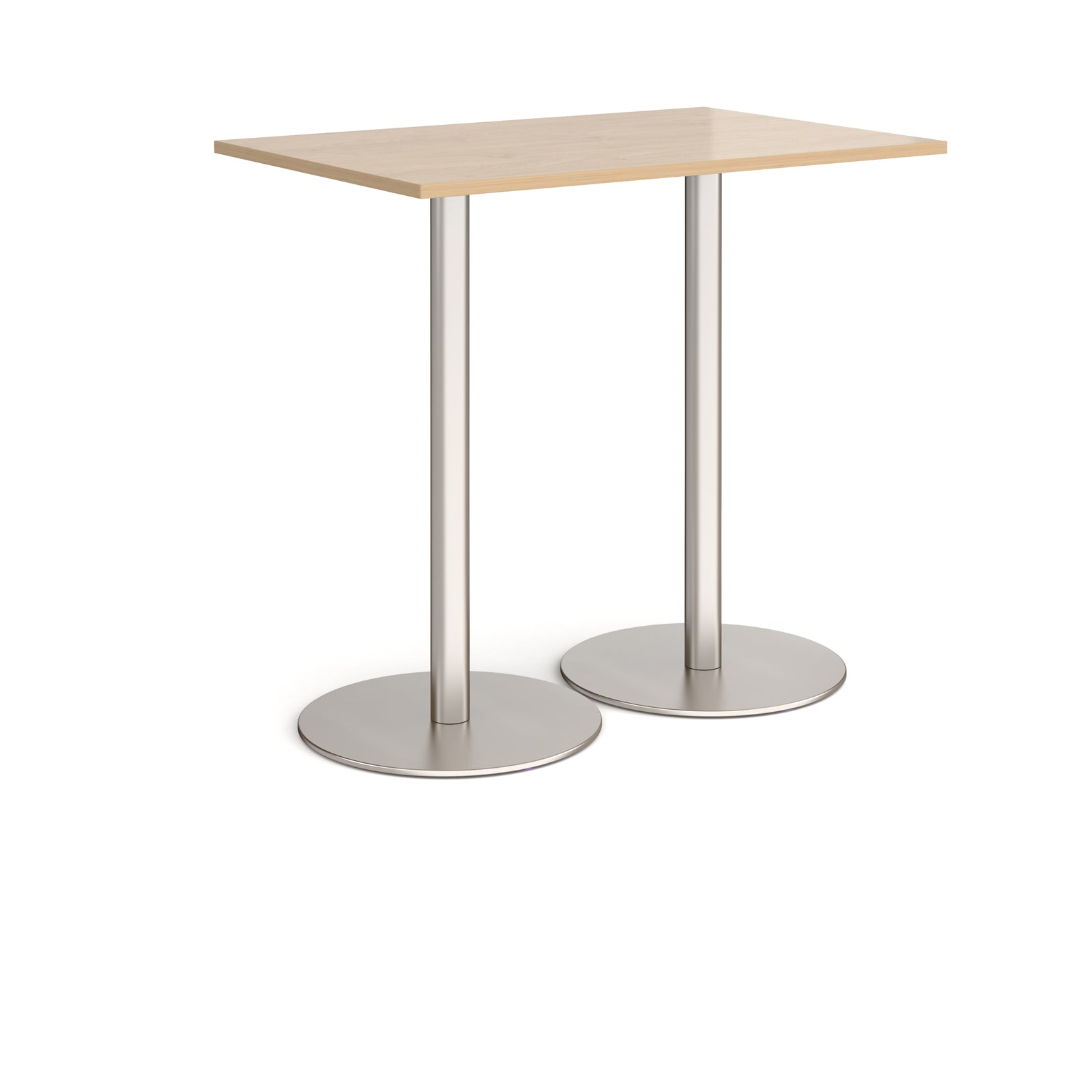 Rectangular table with wood-effect top and metal base on a white background