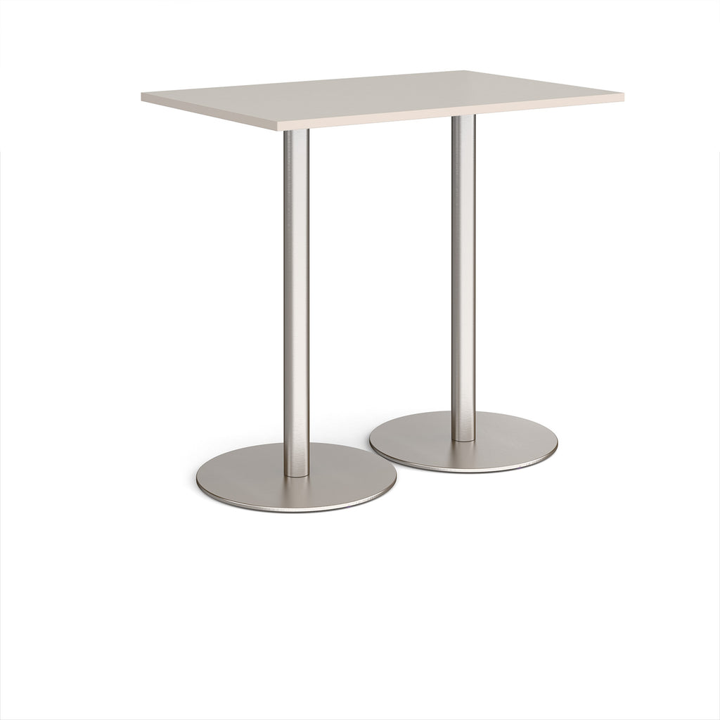 Rectangular table with light grey top and metal base on a white background