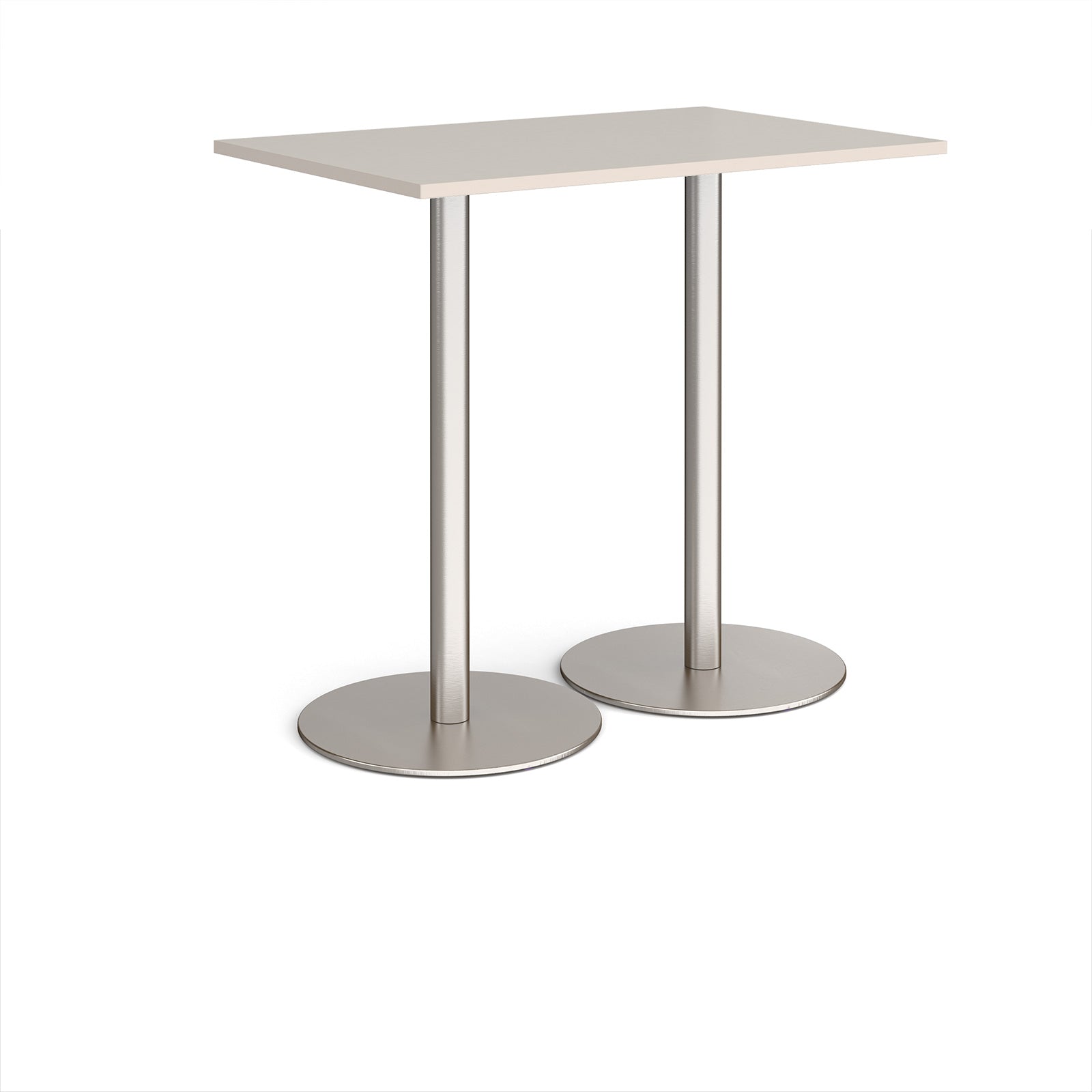 Rectangular table with light grey top and metal base on a white background