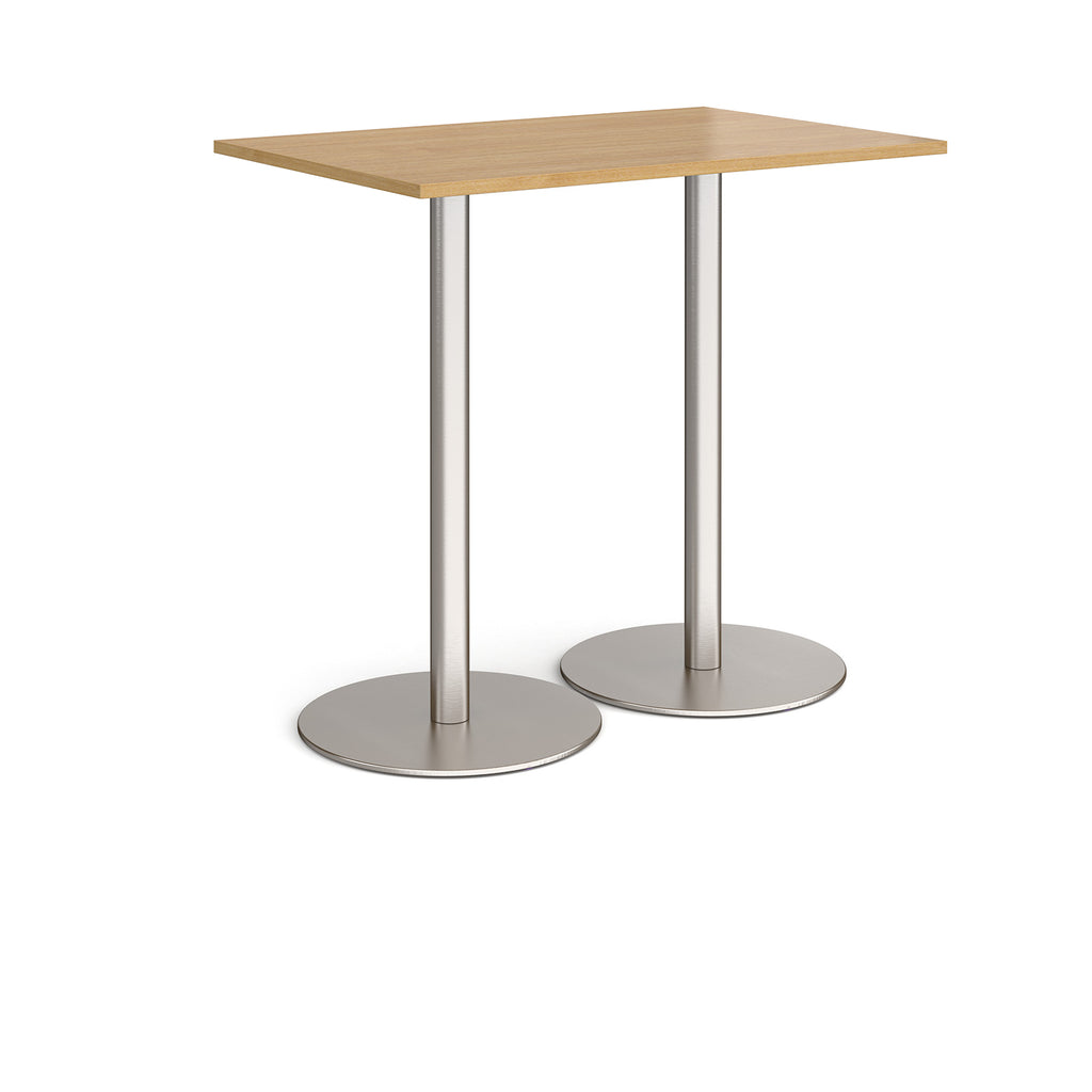 Rectangular table with wood-effect top and metal base on a white background