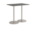 Rectangular table with a dark grey top and metal base on a white background