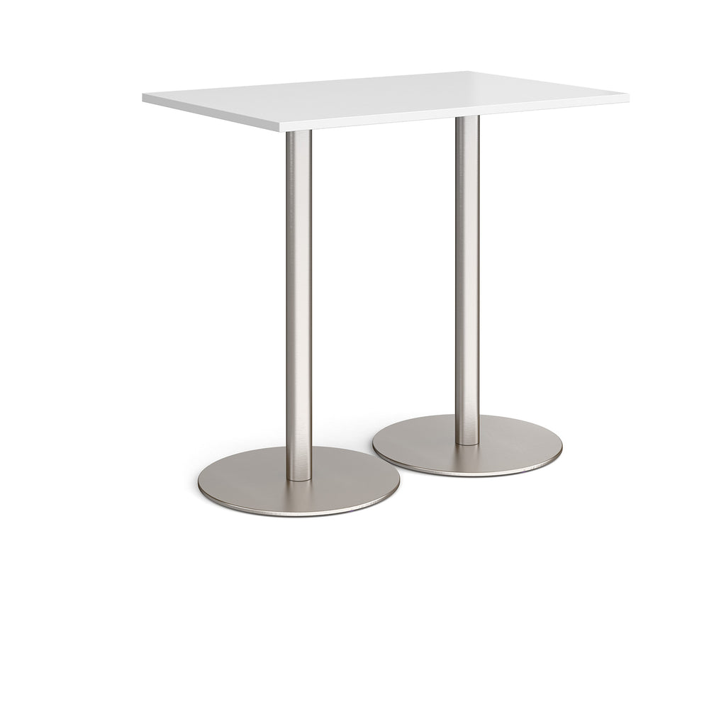 Rectangular table with white top and metal base on a white background