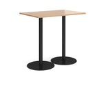 Rectangular table with wood-effect top and black base on a white background