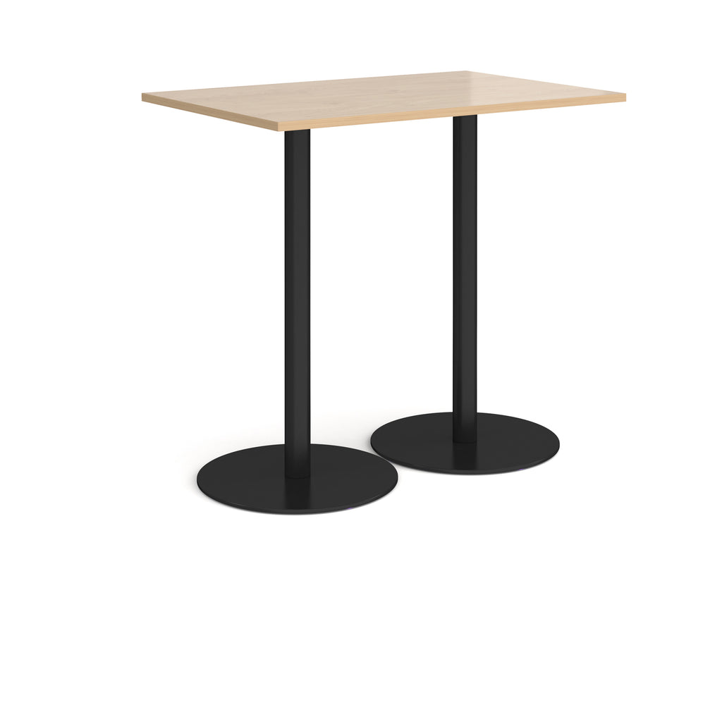 Rectangular table with wood-effect top and black base on a white background