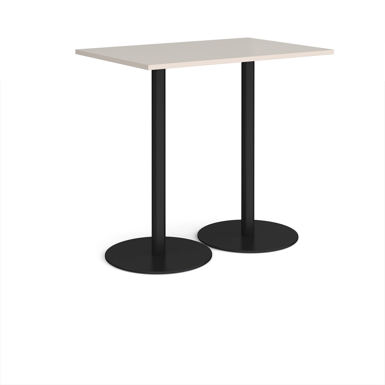Rectangular table with light grey top and black base on a white background