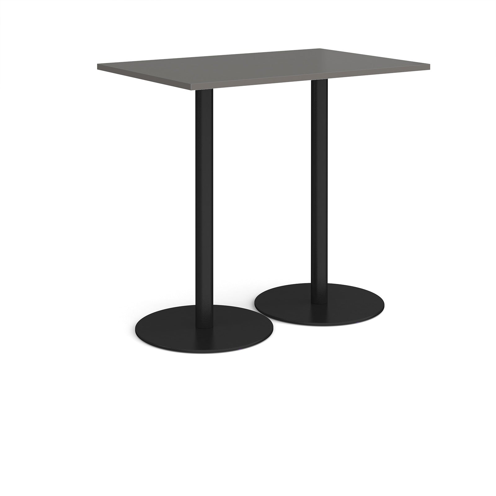 Rectangular table with a dark grey top and black base on a white background