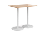 Rectangular table with wood-effect top and white base on a white background