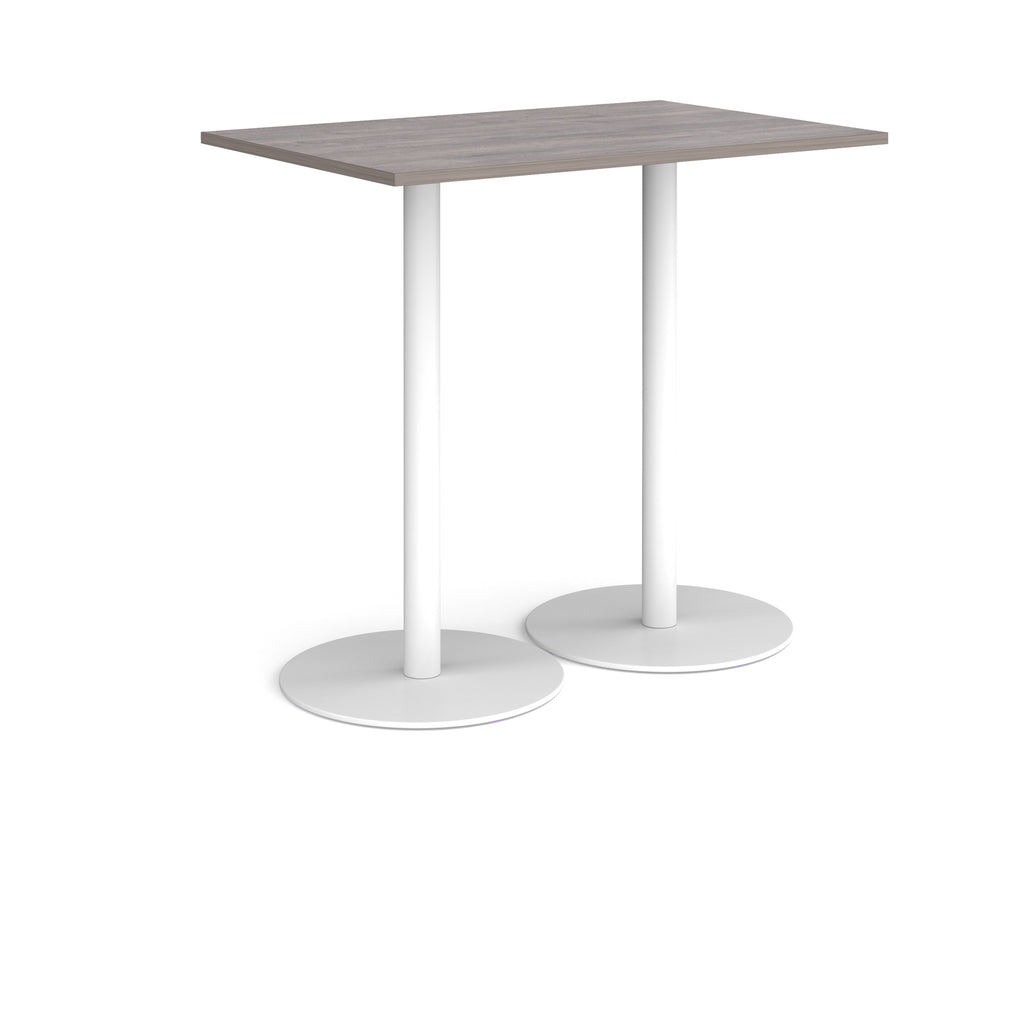 Rectangular table with grey wood-effect top and white base on a white background