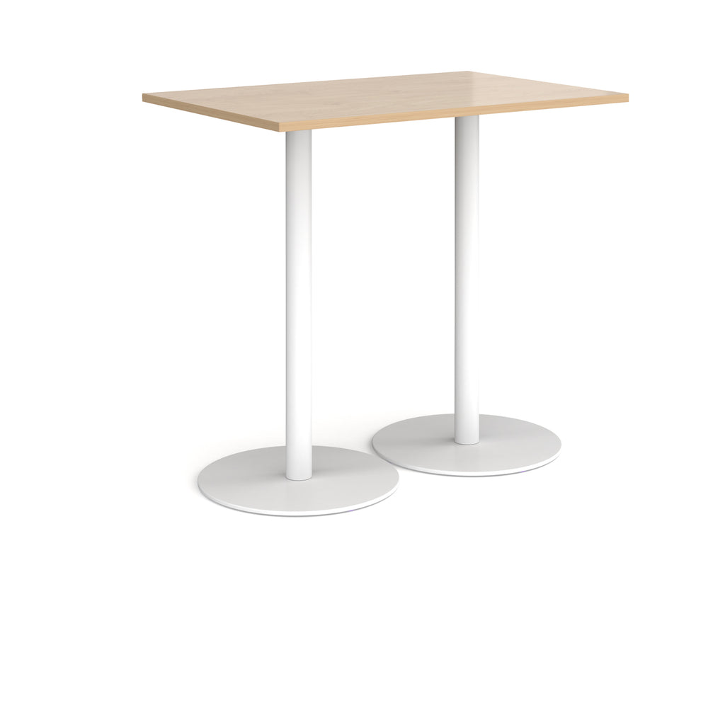 Rectangular table with wood-effect top and white base on a white background